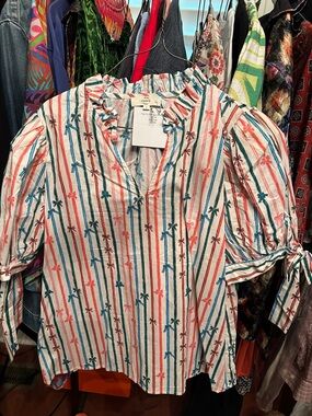 entro White Blouse with Pink & Teal Palm Stripe Print